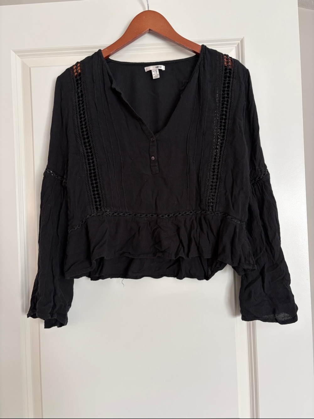 Amuse Society Black Crochet-Trim Peasant Top